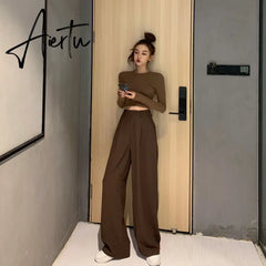 Aiertu Straight woman pants Streetwear trousers women autumn winter korean style high waist solid wide leg pant casual Aiertu