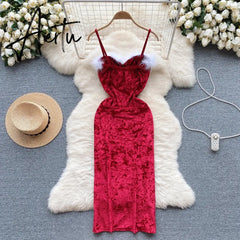 Aiertu Strap Plush Velvet Long Dress Autumn Inside Elastic Ruched Slim Backless Christmas Cosplay Sexy Dress Aiertu