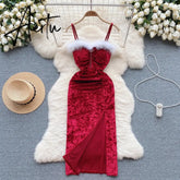 Aiertu Strap Plush Velvet Long Dress Autumn Inside Elastic Ruched Slim Backless Christmas Cosplay Sexy Dress Aiertu