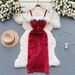 Aiertu Strap Plush Velvet Long Dress Autumn Inside Elastic Ruched Slim Backless Christmas Cosplay Sexy Dress Aiertu
