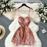 Aiertu Strap Sexy Velvet Dress Fashion Senior Pearls Sleeveless Slim Women Lace Hollow out Backless High Quality Mini Dress Aiertu