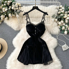 Aiertu Strap Sexy Velvet Dress Fashion Senior Pearls Sleeveless Slim Women Lace Hollow out Backless High Quality Mini Dress Aiertu