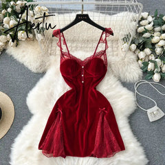 Aiertu Strap Sexy Velvet Dress Fashion Senior Pearls Sleeveless Slim Women Lace Hollow out Backless High Quality Mini Dress Aiertu