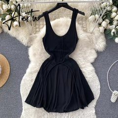 Aiertu Strap Slim Body con Dress Women Sleeveless Backless Sexy Short Sundress Korean Elastic Waist Knit Vintage Beach Dress Aiertu