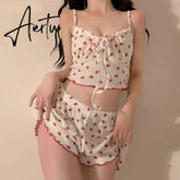 Aiertu Strawberry Pajama Sets Sweet Bandage Slim Sexy 2 Pieces Sleepwear Home Casual Simple Summer Fashion Soft Students Ulzzang Design Aiertu