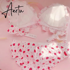 Aiertu Strawberry / Print Japanese Milk Silk Bra & Panties Set Wirefree Soft Underwear Intimates Set Kawaii Lolita Bra and Panty Set Aiertu