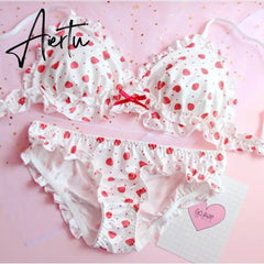 Aiertu Strawberry / Print Japanese Milk Silk Bra & Panties Set Wirefree Soft Underwear Intimates Set Kawaii Lolita Bra and Panty Set Aiertu