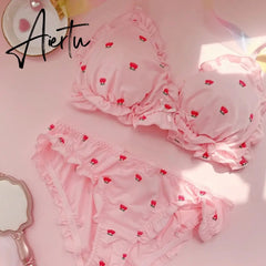 Aiertu Strawberry / Print Japanese Milk Silk Bra & Panties Set Wirefree Soft Underwear Intimates Set Kawaii Lolita Bra and Panty Set Aiertu