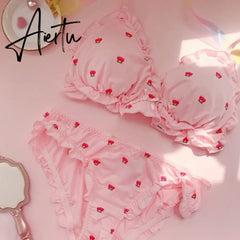 Aiertu Strawberry / Print Japanese Milk Silk Bra & Panties Set Wirefree Soft Underwear Intimates Set Kawaii Lolita Bra and Panty Set Aiertu