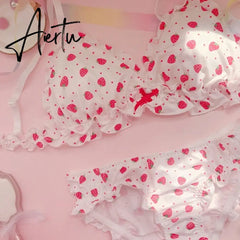 Aiertu Strawberry / Print Japanese Milk Silk Bra & Panties Set Wirefree Soft Underwear Intimates Set Kawaii Lolita Bra and Panty Set Aiertu