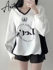 Aiertu Streetwear New Letter Print Hoodies Women Vintage Harajuku Sweatshirt Loose Tops Y2k Aesthetic Patchwork All Match Fashion Hoody Aiertu
