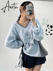 Aiertu Streetwear New Letter Print Hoodies Women Vintage Harajuku Sweatshirt Loose Tops Y2k Aesthetic Patchwork All Match Fashion Hoody Aiertu