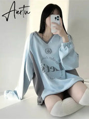 Aiertu Streetwear New Letter Print Hoodies Women Vintage Harajuku Sweatshirt Loose Tops Y2k Aesthetic Patchwork All Match Fashion Hoody Aiertu