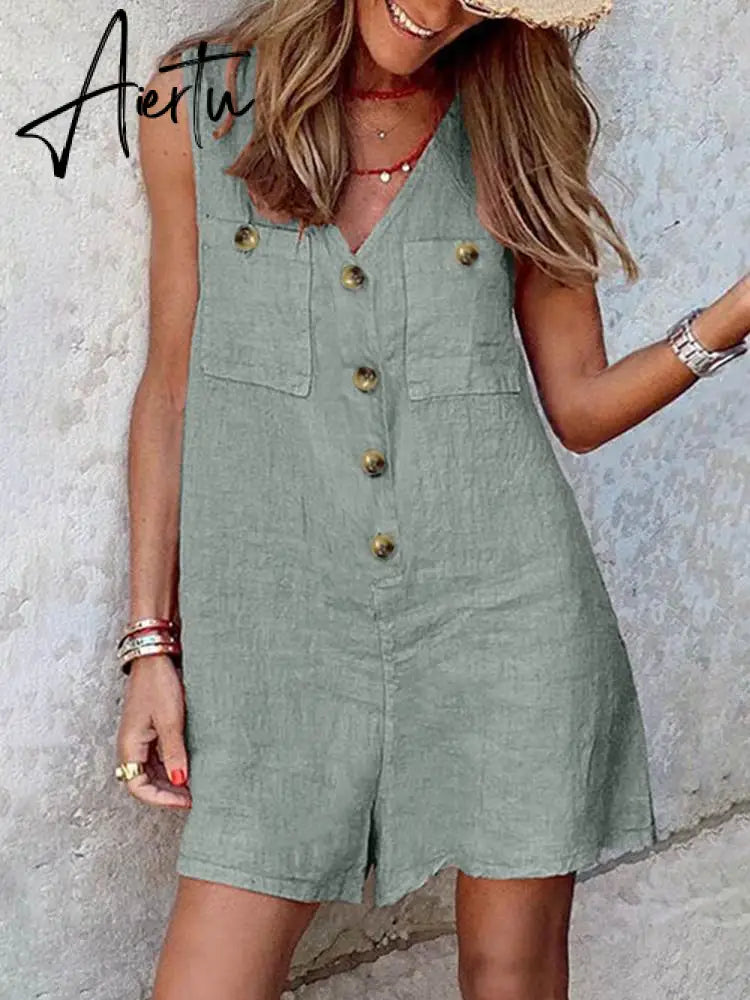 Aiertu Stylish Women V Neck Sleeveless Rompers Summer Jumpsuits Short Playsuits Casual Solid Loose Beach Overalls Oversized Aiertu