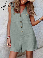 Aiertu Stylish Women V Neck Sleeveless Rompers Summer Jumpsuits Short Playsuits Casual Solid Loose Beach Overalls Oversized Aiertu