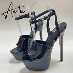 Aiertu Summer 16 CM Super High Heels Sandals Women Platform Pumps Fashion Open Toe Buckle Strap Ladies Party Stripper Shoes Black Aiertu