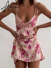 Aiertu Summer Bohemian Floral Dress Women Sleeveless Spaghetti Strap V Neck Mini Dress Beach Casual Sexy Dresses Female Aiertu