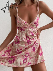 Aiertu Summer Bohemian Floral Dress Women Sleeveless Spaghetti Strap V Neck Mini Dress Beach Casual Sexy Dresses Female Aiertu