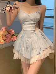 Aiertu Summer Bule Lace Y2k Kawaii Dress Women Korean Style Sexy Party Mini Dress Female Lace France Korean Fashion Elegant Dress Aiertu