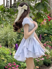 Aiertu Summer Bule Sweet Kawaii Dress Women Strappy Elegant Fashion Party Mini Dress Female Ruffle Flounce Korean Casual Dress New Aiertu