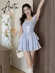 Aiertu Summer Bule Sweet Kawaii Dress Women Strappy Elegant Fashion Party Mini Dress Female Ruffle Flounce Korean Casual Dress New Aiertu