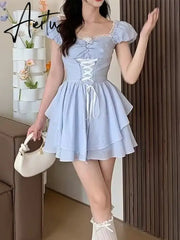 Aiertu Summer Bule Sweet Kawaii Dress Women Strappy Elegant Fashion Party Mini Dress Female Ruffle Flounce Korean Casual Dress New Aiertu