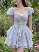 Aiertu Summer Bule Sweet Kawaii Dress Women Strappy Elegant Fashion Party Mini Dress Female Ruffle Flounce Korean Casual Dress New Aiertu