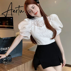 Aiertu Summer Chic Court Style Lace Hollowed Shirt Womens French Elegant Bubble Sleeve Blouses Ladies Tops Sweet Camisas Y Blusas Aiertu