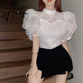 Aiertu Summer Chic Court Style Lace Hollowed Shirt Womens French Elegant Bubble Sleeve Blouses Ladies Tops Sweet Camisas Y Blusas Aiertu