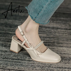 Aiertu Summer Chic High Heel Sexy Ladies Sandals Side Knot Faux Pearl Fashion Women Pumps Open Back Heel Female Shoes Aiertu