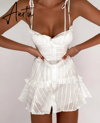 Aiertu Summer Cotton White Dress Women Sexy Transparent Backless Bodycon Dress Vacation V-Neck Jacquard Party Mini Dresses Woman Aiertu