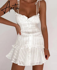 Aiertu Summer Cotton White Dress Women Sexy Transparent Backless Bodycon Dress Vacation V-Neck Jacquard Party Mini Dresses Woman Aiertu