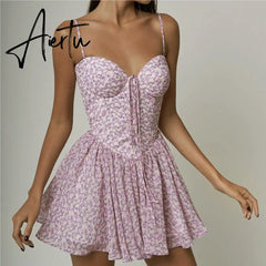 Aiertu Summer dress 2024 women evening party mini dresses elegant halter dress fashion purple floral print dresses with shorts Aiertu