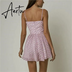 Aiertu Summer dress 2024 women evening party mini dresses elegant halter dress fashion purple floral print dresses with shorts Aiertu