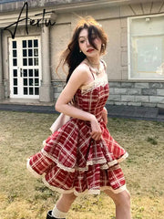 Aiertu Summer Dresses Red Plaid Suspender Sweet Spicy Girl A-line Cake Puffy Short Skirt Formal Occasion De Noche Dress for Women Aiertu