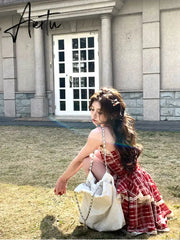Aiertu Summer Dresses Red Plaid Suspender Sweet Spicy Girl A-line Cake Puffy Short Skirt Formal Occasion De Noche Dress for Women Aiertu