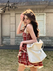 Aiertu Summer Dresses Red Plaid Suspender Sweet Spicy Girl A-line Cake Puffy Short Skirt Formal Occasion De Noche Dress for Women Aiertu
