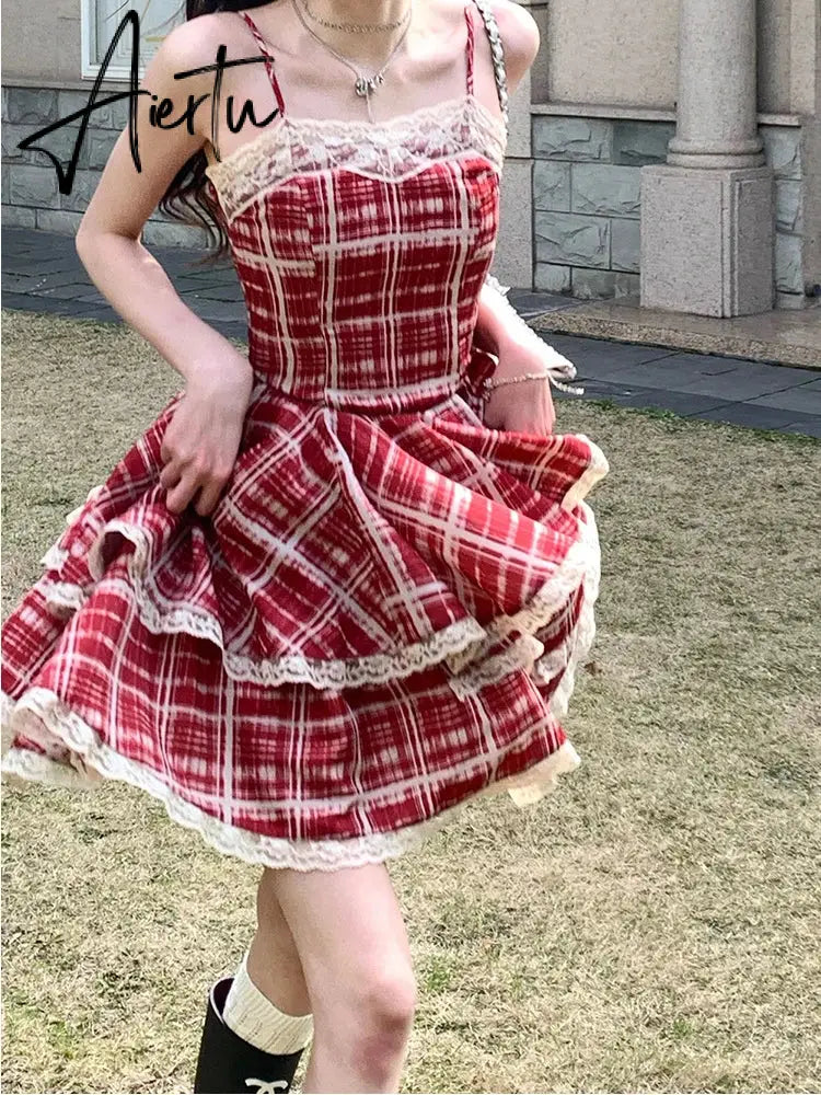 Aiertu Summer Dresses Red Plaid Suspender Sweet Spicy Girl A-line Cake Puffy Short Skirt Formal Occasion De Noche Dress for Women Aiertu