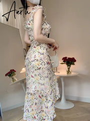Aiertu Summer Elegant Retro Floral Midi Dress French Sweet Even Party Short Sleeve Print Lace Dress One Piece Dress Korean Chic Aiertu
