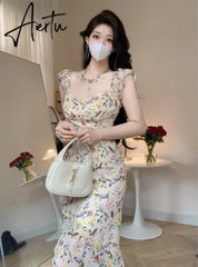 Aiertu Summer Elegant Retro Floral Midi Dress French Sweet Even Party Short Sleeve Print Lace Dress One Piece Dress Korean Chic Aiertu