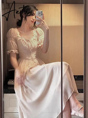 Aiertu Summer Elegant Women Sweet Party Midi Holiday Dresses Casual Female Lace Up Robe Aiertu