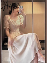 Aiertu Summer Elegant Women Sweet Party Midi Holiday Dresses Casual Female Lace Up Robe Aiertu