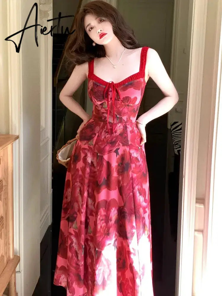 Aiertu Summer Elegant Women Sweet Party Midi Holiday Dresses Casual Female Lace Up Robe Aiertu