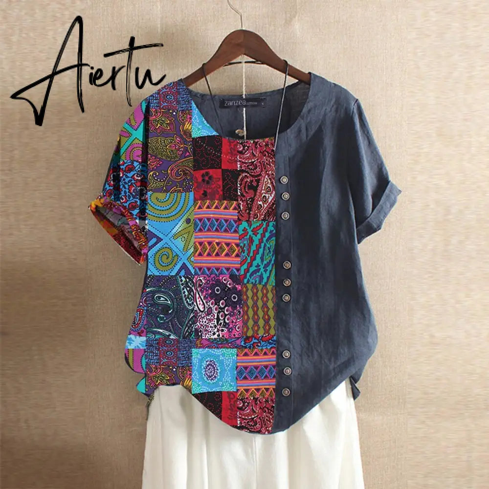 Aiertu Summer Ethnic Print Shirt Women Short Sleeve Cotton Linen Blouse Female Bohemian Blusas Casual Vintage Tunic Tops Chemise Aiertu
