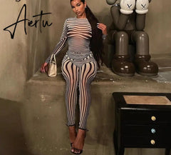 Aiertu Summer Fall Women Fashion Zebra Print See Through Long Sleeves Top Leggings 2 Pieces Set Sexy Y2K Streetwear Slim Aiertu