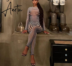 Aiertu Summer Fall Women Fashion Zebra Print See Through Long Sleeves Top Leggings 2 Pieces Set Sexy Y2K Streetwear Slim Aiertu