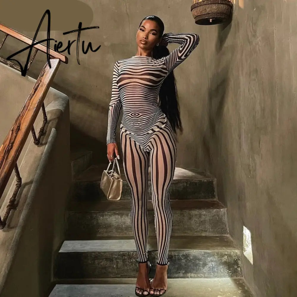 Aiertu Summer Fall Women Fashion Zebra Print See Through Long Sleeves Top Leggings 2 Pieces Set Sexy Y2K Streetwear Slim Aiertu