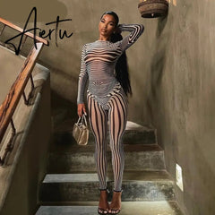 Aiertu Summer Fall Women Fashion Zebra Print See Through Long Sleeves Top Leggings 2 Pieces Set Sexy Y2K Streetwear Slim Aiertu