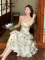 Aiertu Summer Floral Chiffon Midi-dresses Women Sleeveless Spaghetti Strap Backless Ruffle Dress Elegant Casual Party Ladies Dresses Aiertu