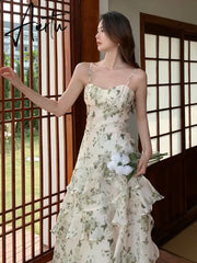 Aiertu Summer Floral Chiffon Midi-dresses Women Sleeveless Spaghetti Strap Backless Ruffle Dress Elegant Casual Party Ladies Dresses Aiertu